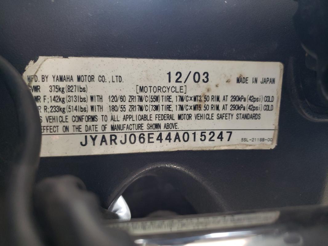 2004 YAMAHA YZF-R6 JYARJ06E44A015247