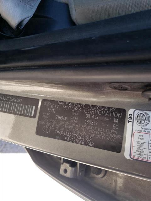 2012 KIA FORTE KNAFU4A27C5564092