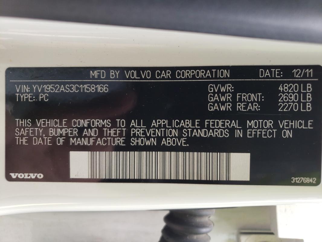2012 VOLVO S80 3.2 YV1952AS3C1158166