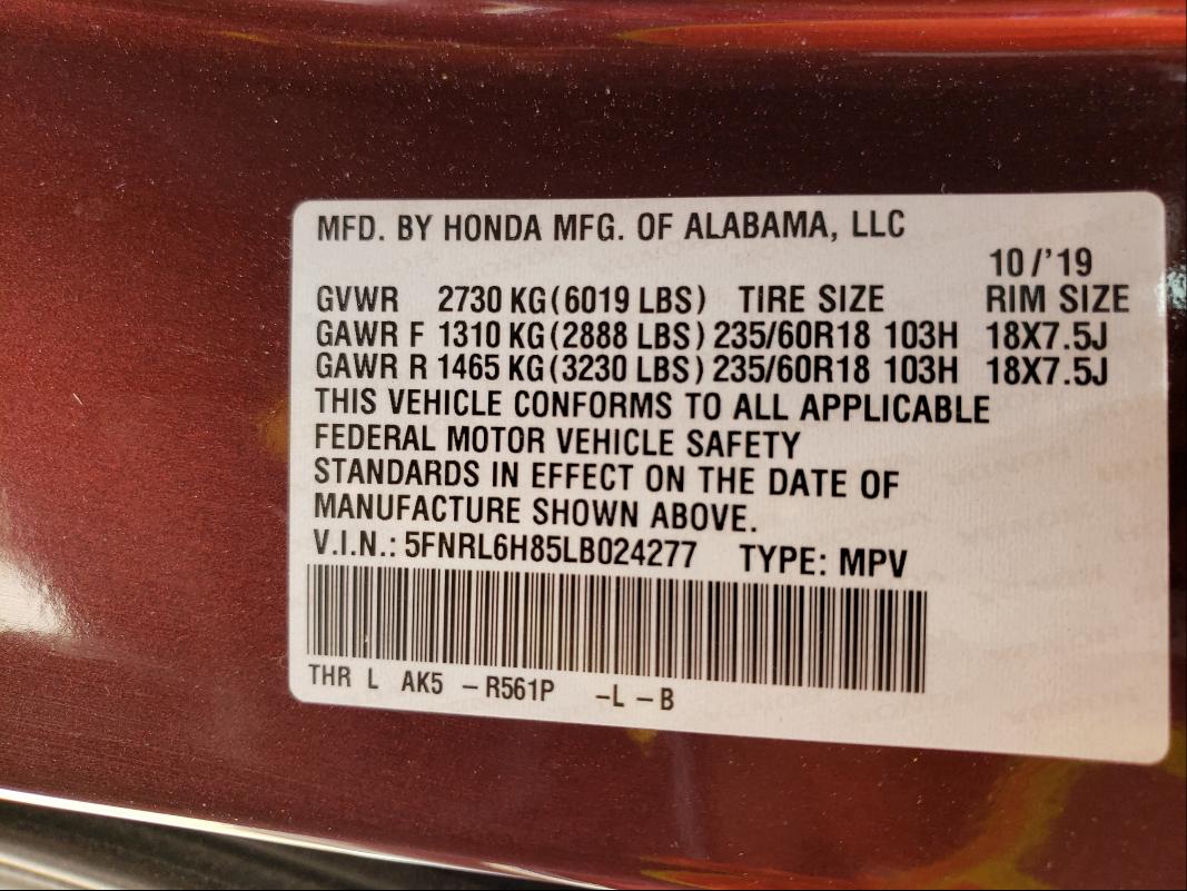 2020 HONDA ODYSSEY TO 5FNRL6H85LB024277