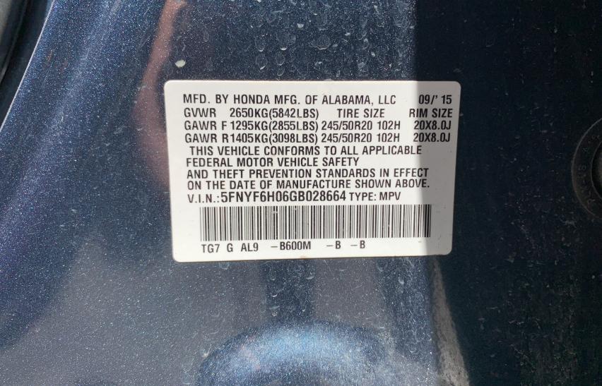 2016 HONDA PILOT ELIT 5FNYF6H06GB028664