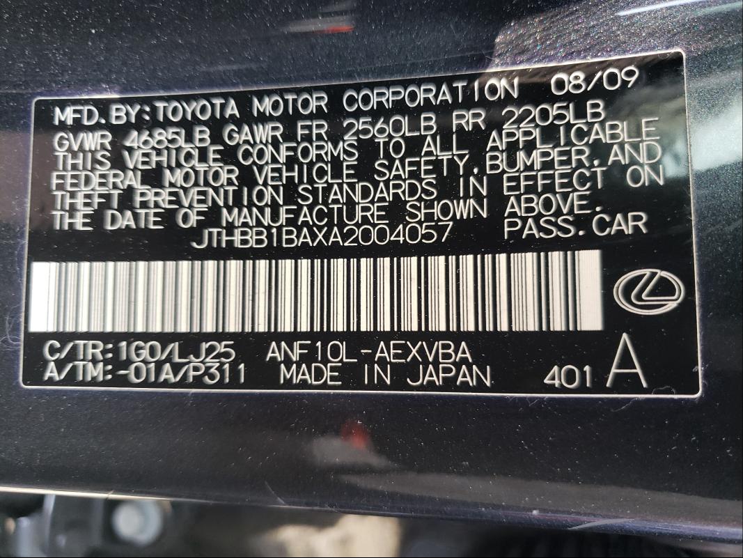 2010 LEXUS HS 250H JTHBB1BAXA2004057