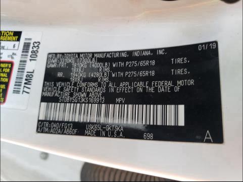2019 TOYOTA SEQUOIA SR 5TDBY5G13KS169913