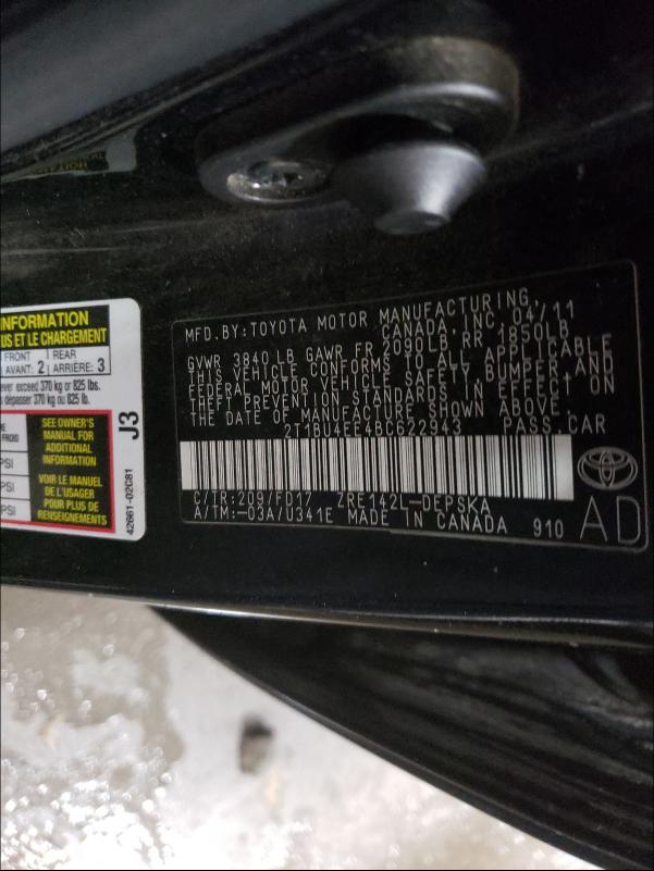2011 TOYOTA COROLLA S 2T1BU4EE4BC622943