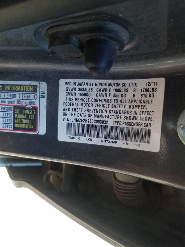 2012 HONDA INSIGHT EX JHMZE2H78CS003032