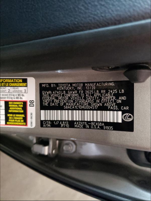2021 LEXUS ES 300H LU 58AEA1C10MU004517