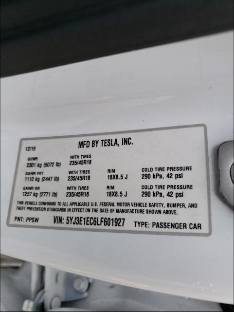 2020 TESLA MODEL 3 5YJ3E1EC6LF601927
