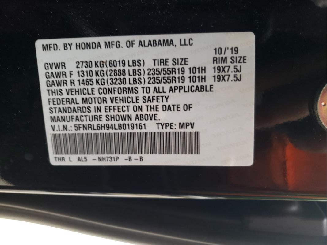 2020 HONDA ODYSSEY EL 5FNRL6H94LB019161