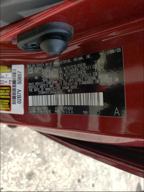2010 TOYOTA SIENNA CE 5TDKK4CC3AS321495