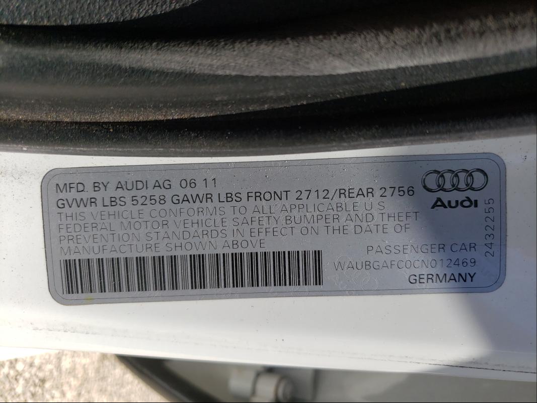 2012 AUDI A6 WAUBGAFC0CN012469