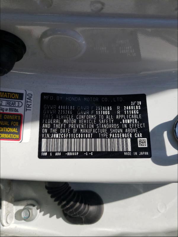 2020 HONDA CLARITY JHMZC5F11LC001607