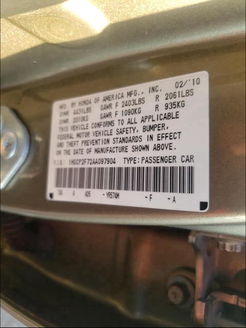 2010 HONDA ACCORD EX 1HGCP2F72AA097904