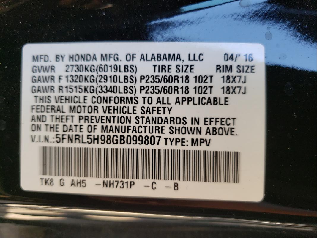 2016 HONDA ODYSSEY TO 5FNRL5H98GB099807