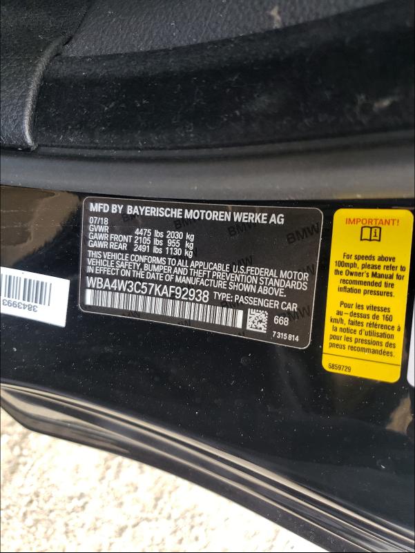 2019 BMW 430I WBA4W3C57KAF92938