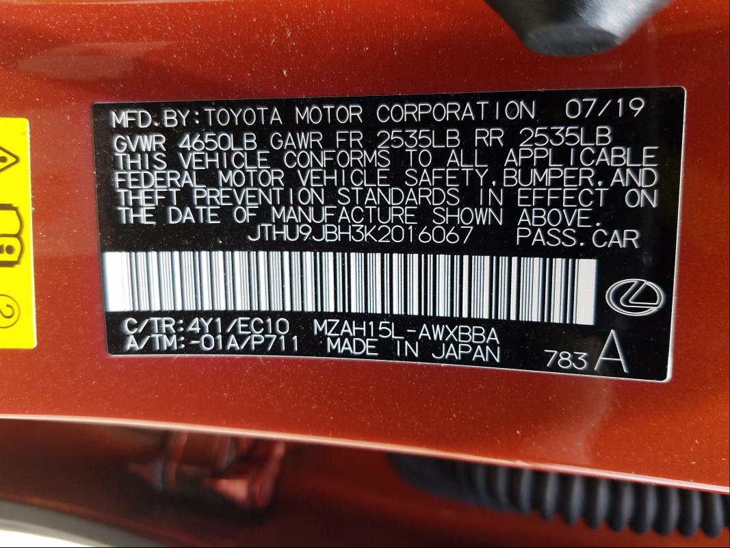 2019 LEXUS UX 250H JTHU9JBH3K2016067