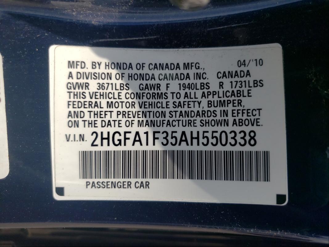 2010 HONDA CIVIC VP 2HGFA1F35AH550338