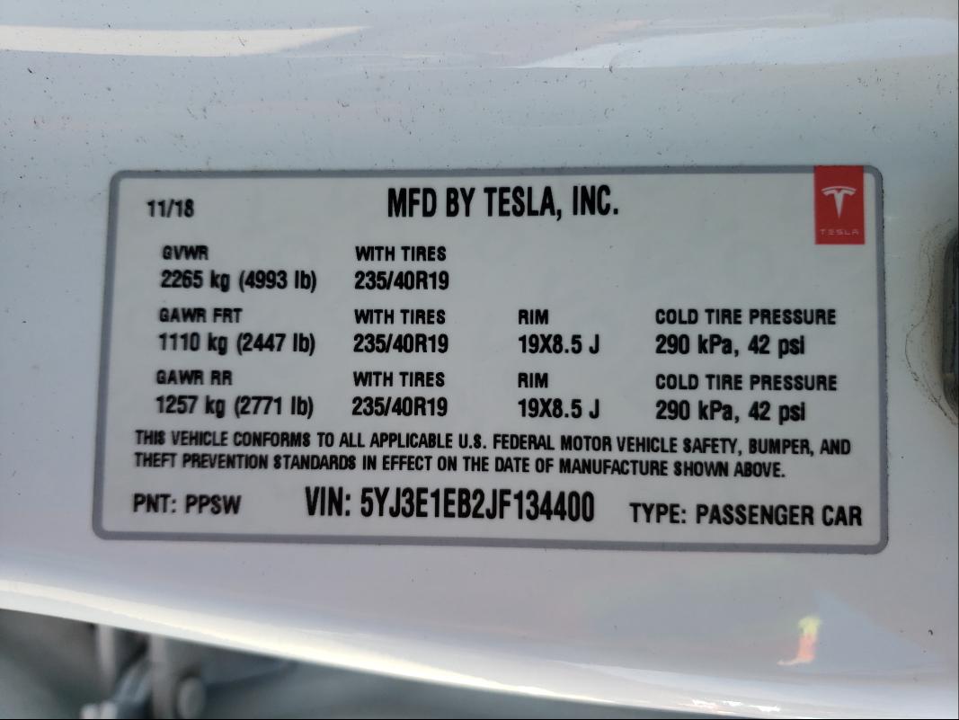 2018 TESLA MODEL 3 5YJ3E1EB2JF134400