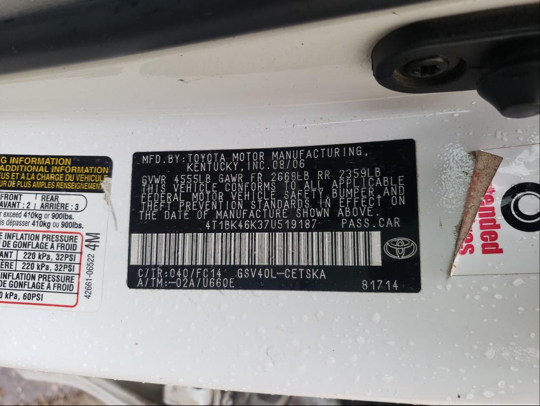 2007 Toyota Camry Le VIN: 4T1BK46K37U519187 Lot: 56863621