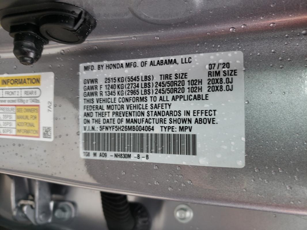 2021 HONDA PILOT SE 5FNYF5H26MB004064