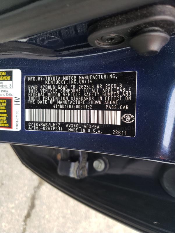 2014 TOYOTA AVALON HYB 4T1BD1EBXEU031152