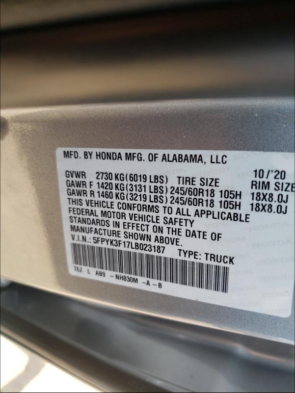 2020 HONDA RIDGELINE 5FPYK3F17LB023187