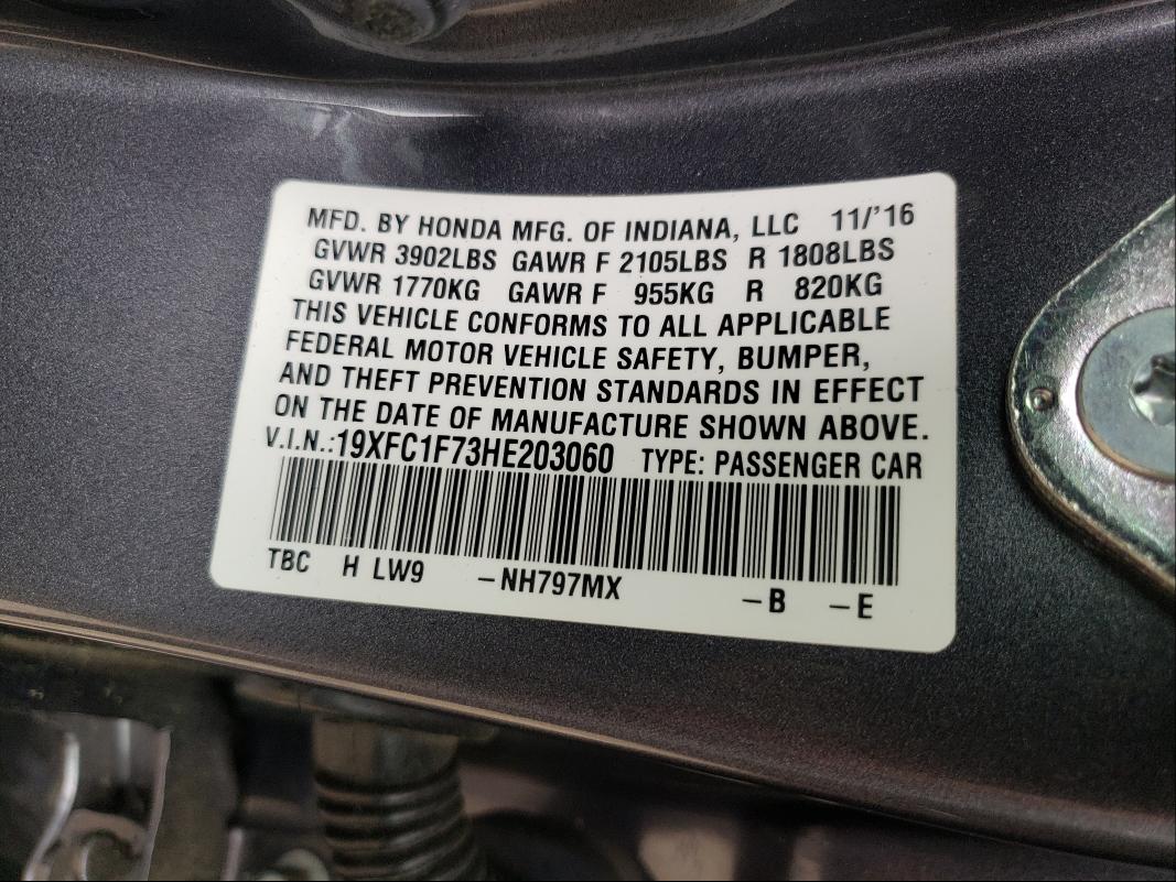 2017 HONDA CIVIC EXL 19XFC1F73HE203060