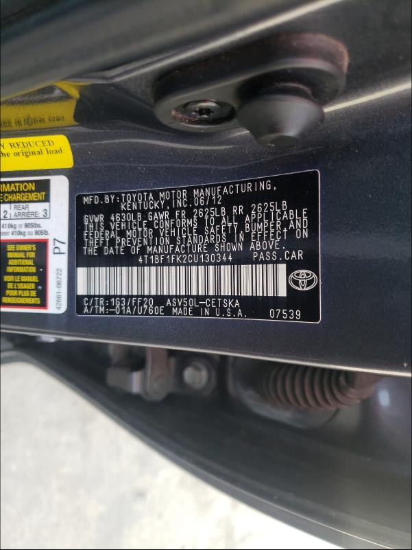 2012 TOYOTA CAMRY L/LE 4T1BF1FK2CU130344