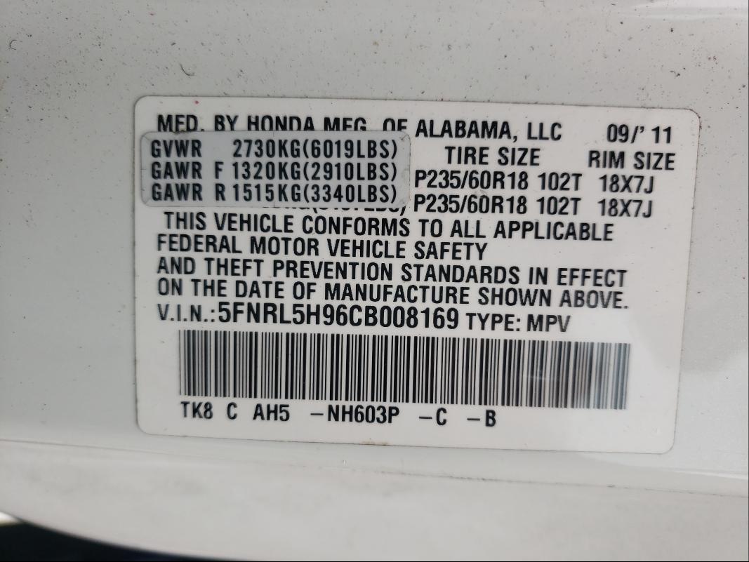 2012 HONDA ODYSSEY TO 5FNRL5H96CB008169