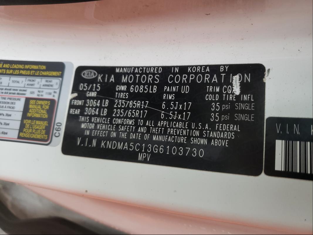 2016 KIA SEDONA L KNDMA5C13G6103730