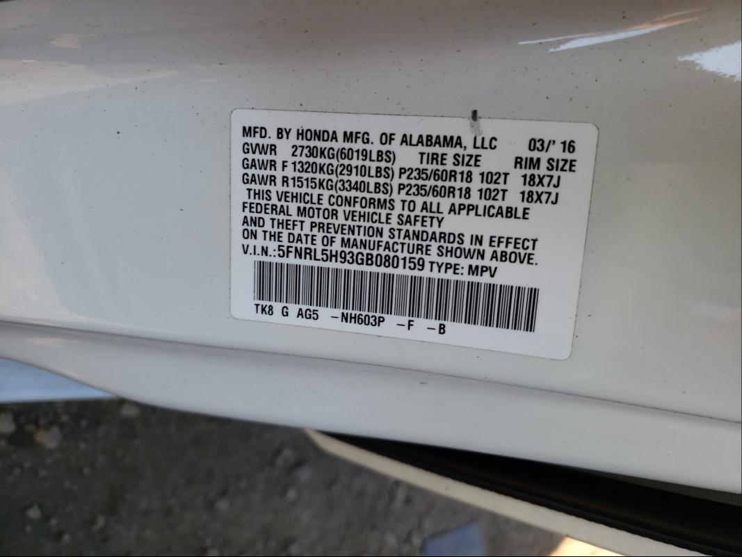 2016 HONDA ODYSSEY TO 5FNRL5H93GB080159
