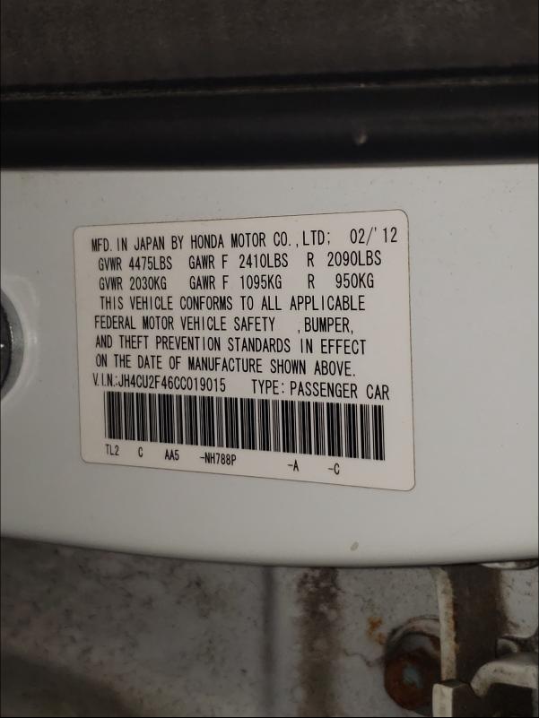 2012 ACURA TSX JH4CU2F46CC019015
