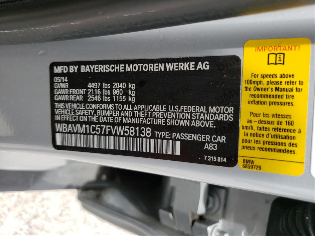 2015 BMW X1 SDRIVE2 WBAVM1C57FVW58138