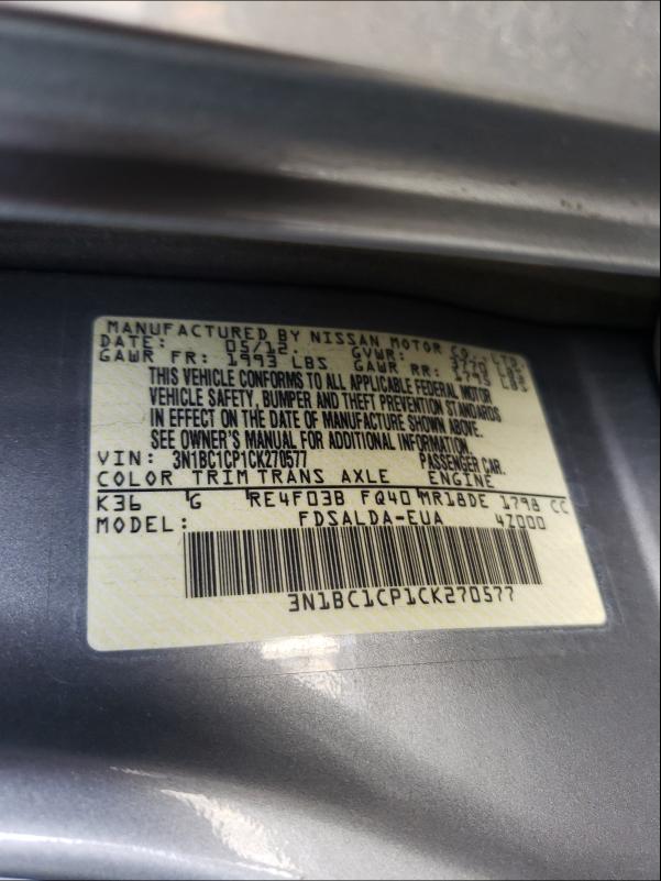2012 NISSAN VERSA S/SL 3N1BC1CP1CK270577