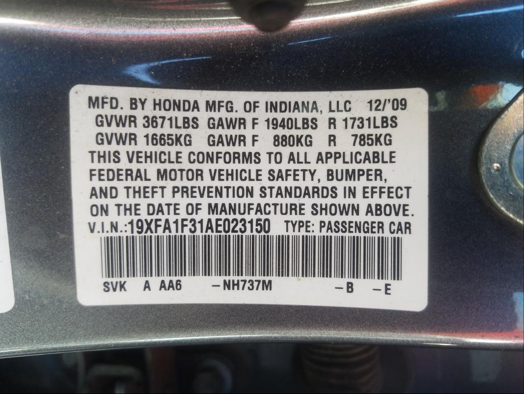 2010 HONDA CIVIC VP 19XFA1F31AE023150