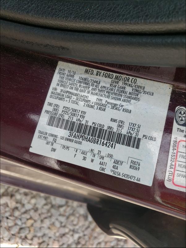 2011 FORD FUSION SE 3FAHP0HA0BR164241