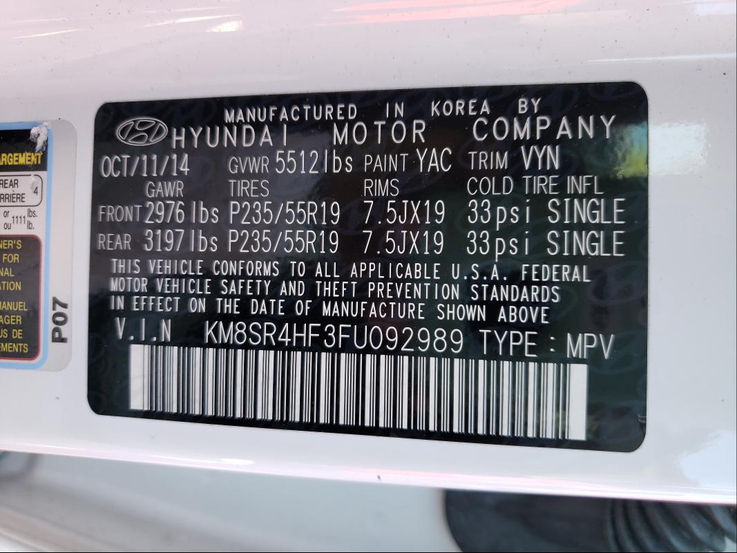 2015 HYUNDAI SANTA FE KM8SR4HF3FU092989