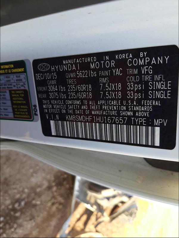 2017 HYUNDAI SANTA FE KM8SMDHF1HU167657