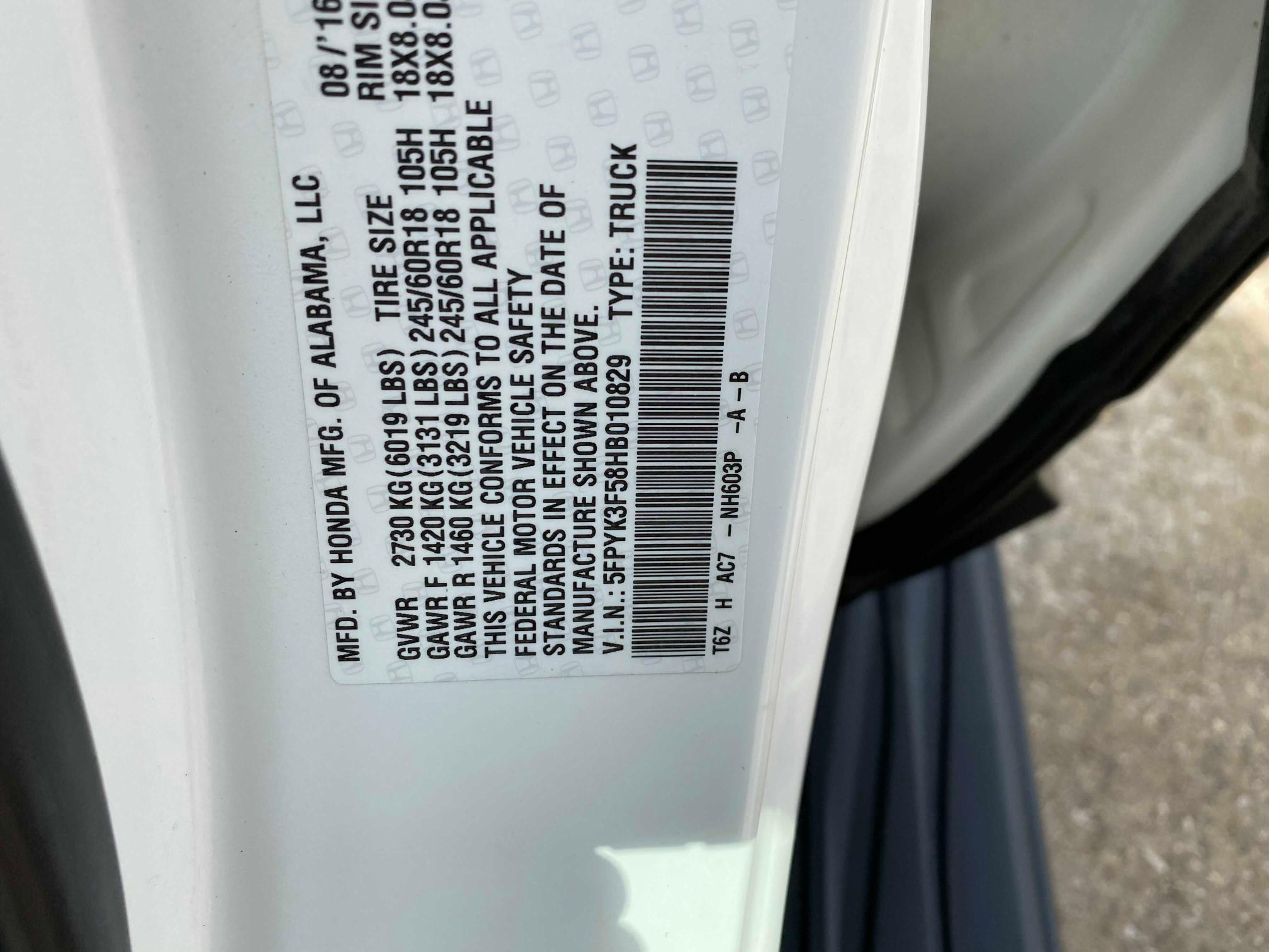 2017 HONDA RIDGELINE 5FPYK3F58HB010829