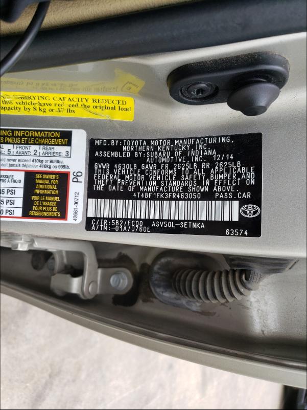 2015 TOYOTA 1/2 TON PI 4T4BF1FK3FR463050
