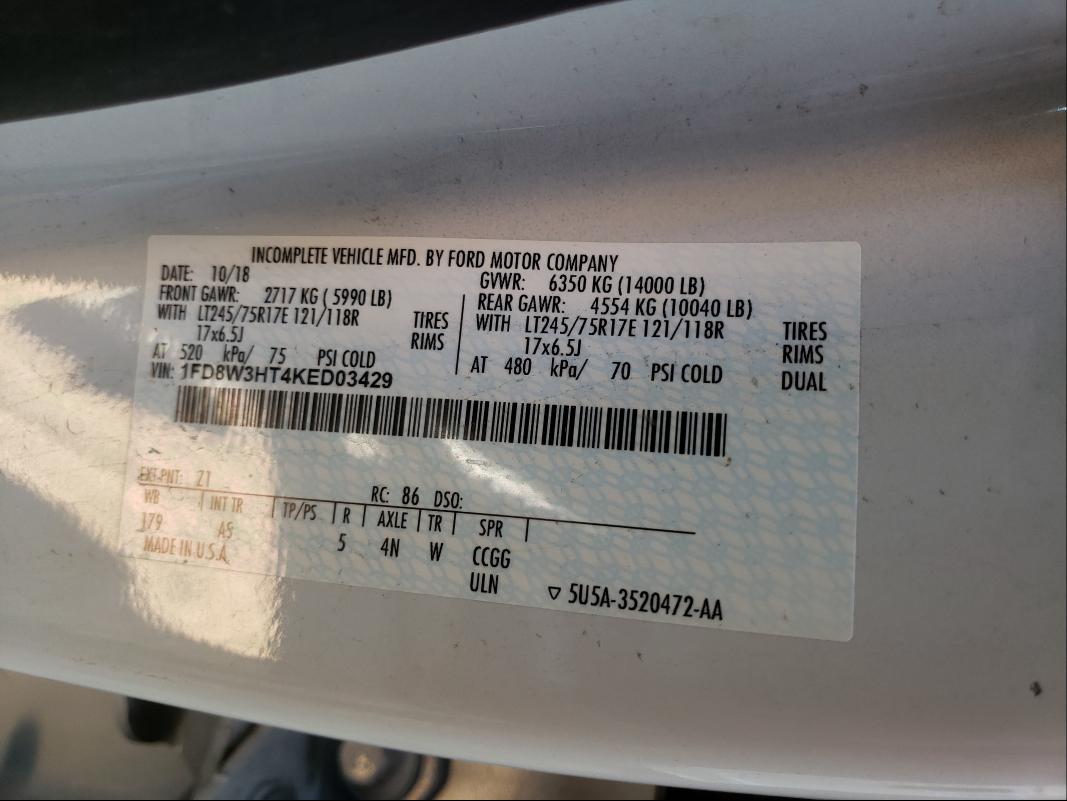 2019 FORD F350 1FD8W3HT4KED03429