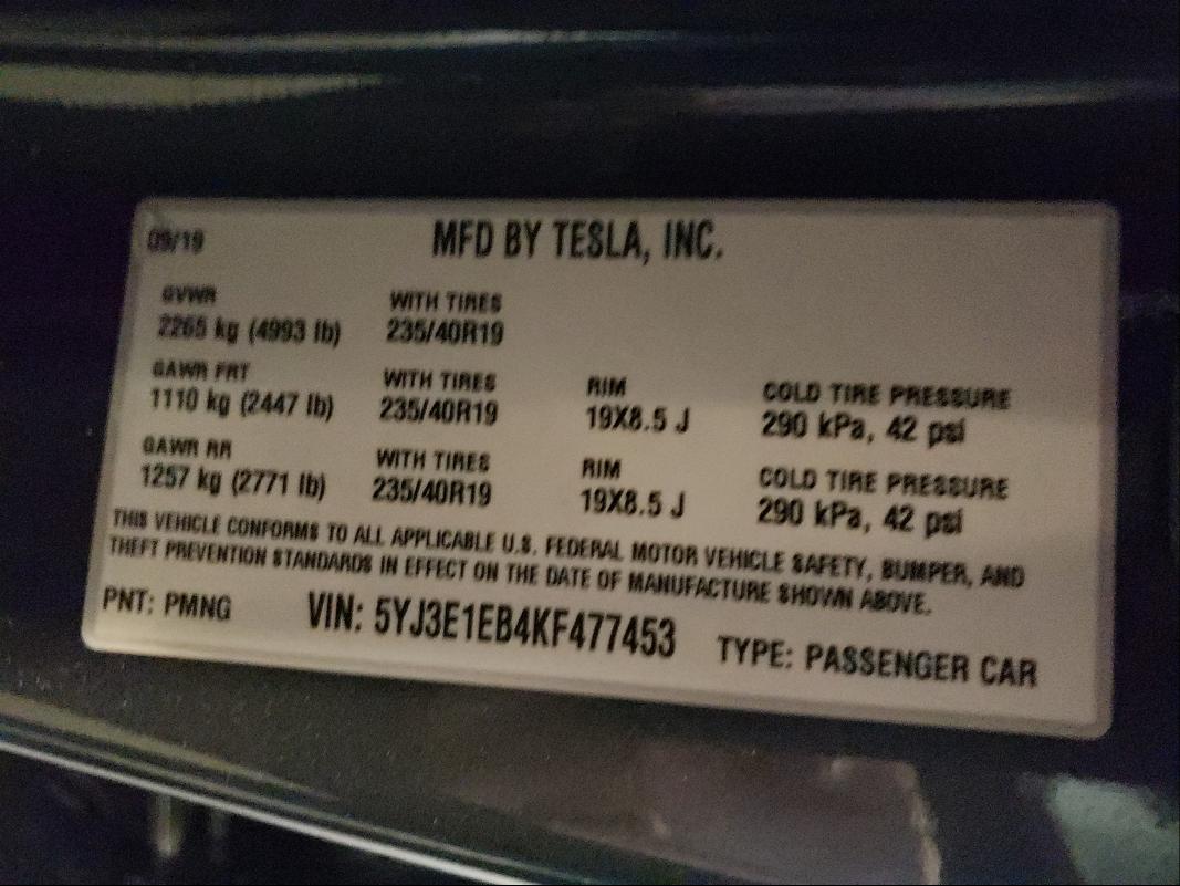 2019 TESLA MODEL 3 5YJ3E1EB4KF477453