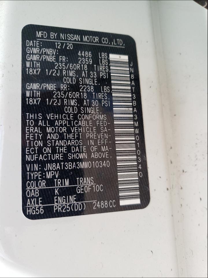 2021 Nissan Rogue Sv VIN: JN8AT3BA3MW010340 Lot: 44891131