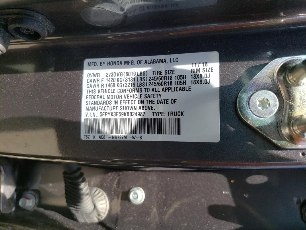 2019 HONDA RIDGELINE 5FPYK3F59KB024987