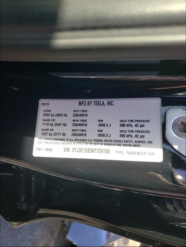 2019 TESLA MODEL 3 5YJ3E1EB3KF209168