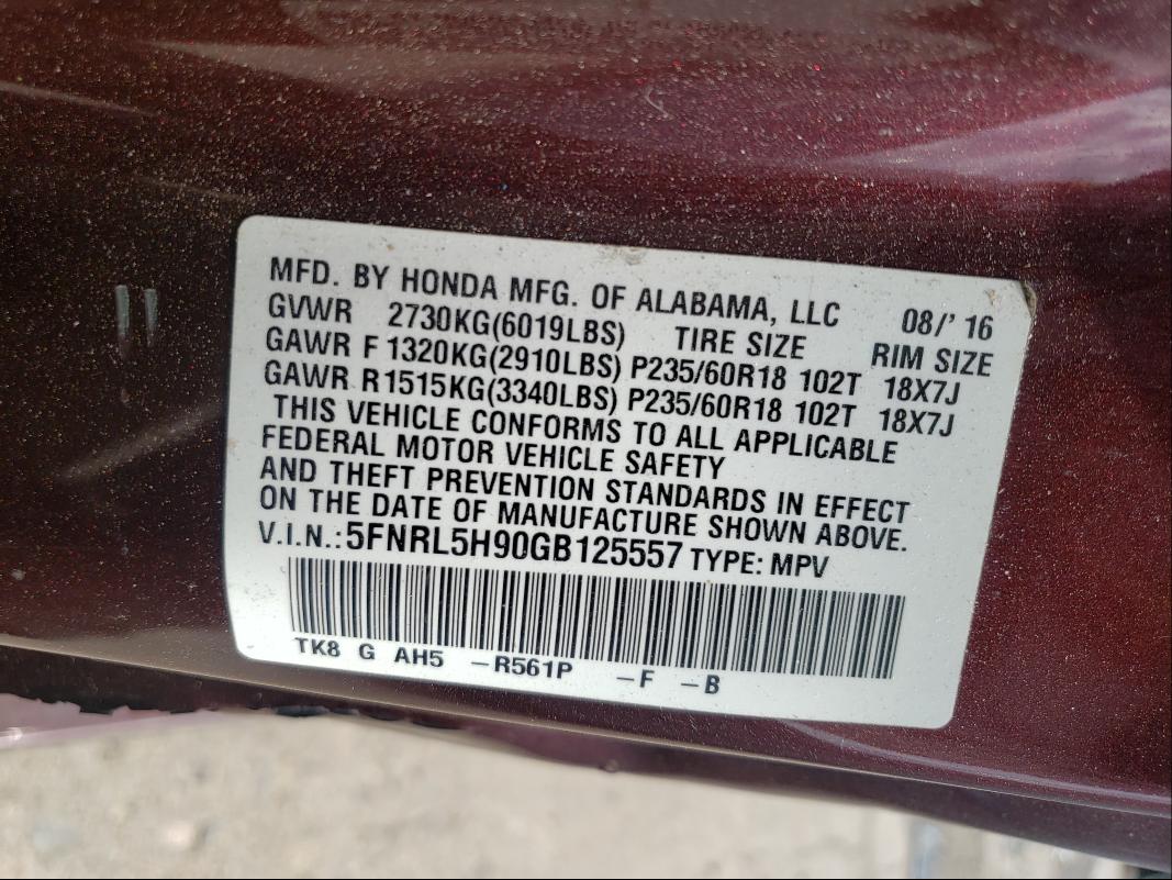 2016 HONDA ODYSSEY TO 5FNRL5H90GB125557