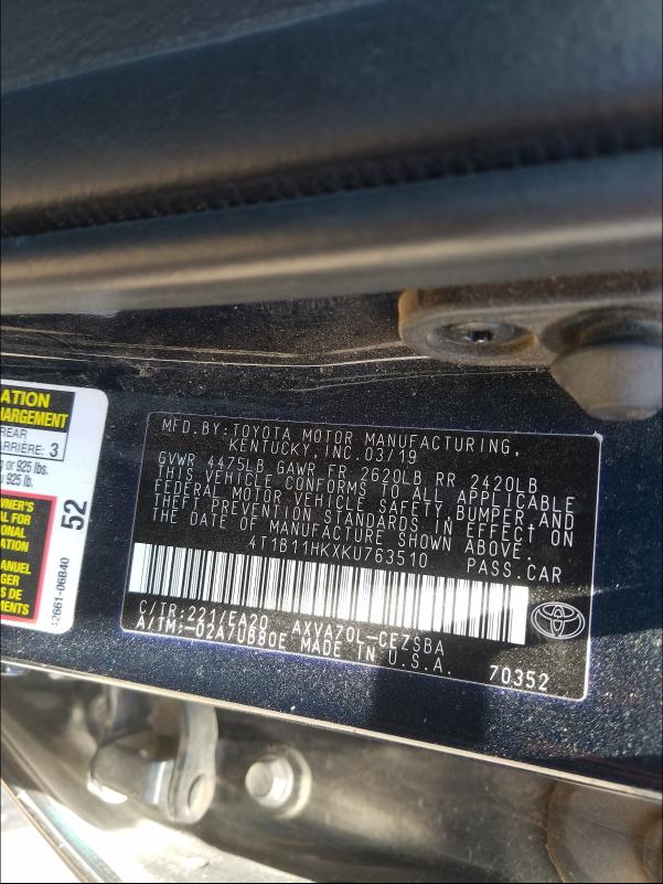 2019 TOYOTA CAMRY L/LE 4T1B11HKXKU763510