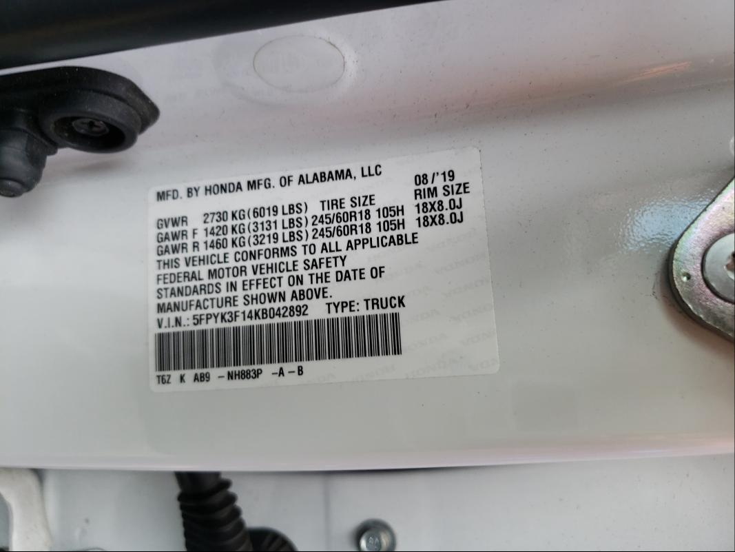 2019 HONDA RIDGELINE 5FPYK3F14KB042892