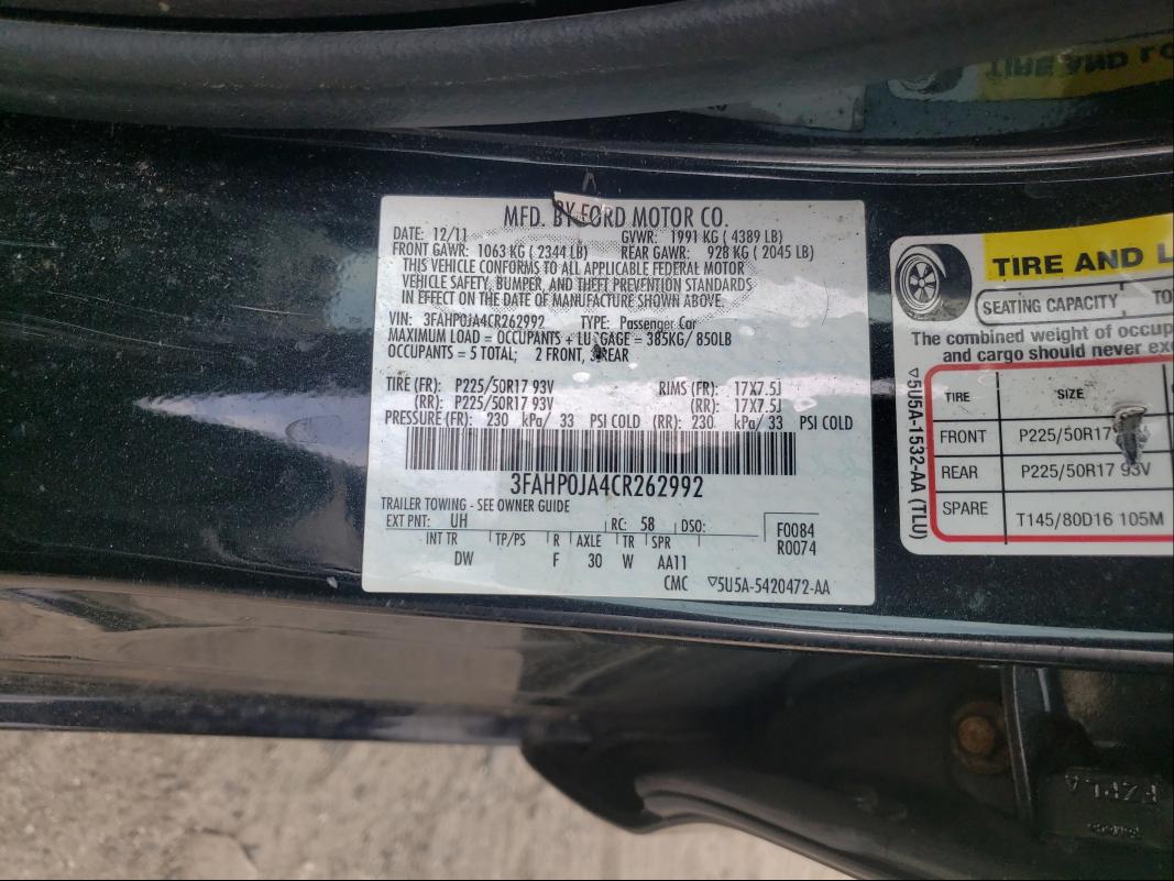 2012 FORD FUSION SEL 3FAHP0JA4CR262992