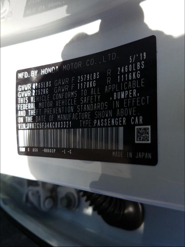 2019 HONDA CLARITY TO JHMZC5F34KC003321