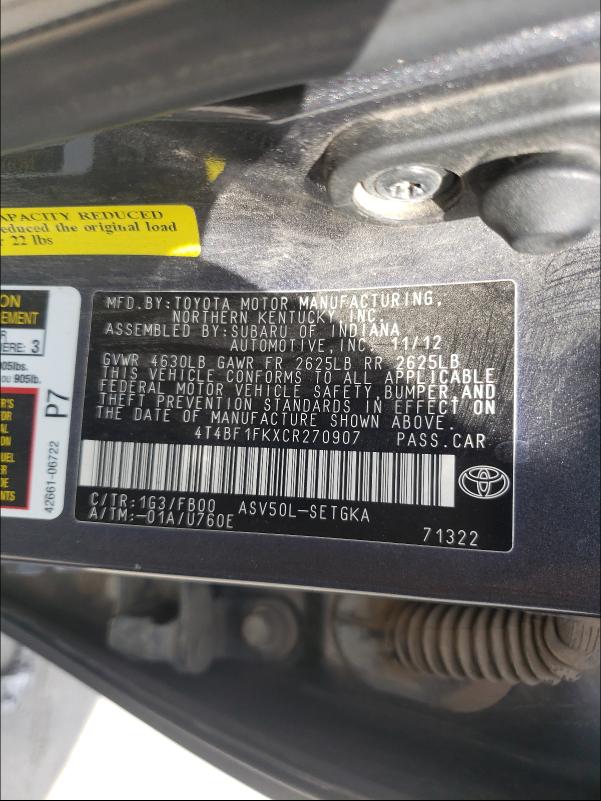 2012 TOYOTA CAMRY BASE 4T4BF1FKXCR270907